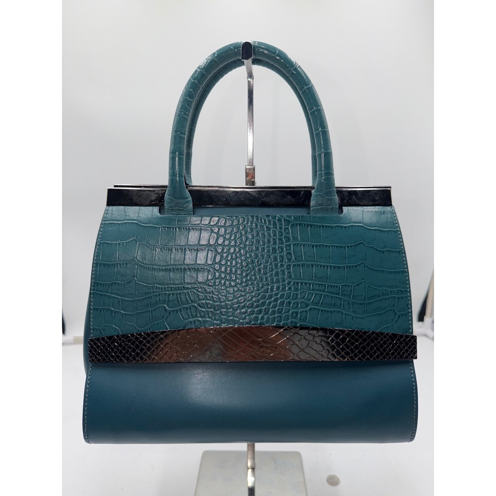 Vittoria Napoli Italy Leather Frame Satchel Teal Croc Embossed Doctor Bag